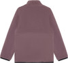 Rückansicht einer rosa Fleecejacke mit Stehkragen und schwarzer Paspelierung.