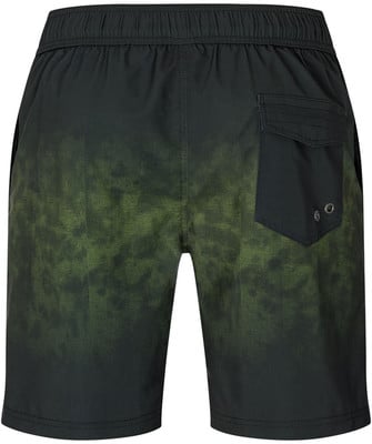 Rückansicht einer schwarzen Badehose mit grünem Batikmuster und Tasche. Rückansicht einer schwarzen Badehose mit grünem Batikmuster und Tasche.