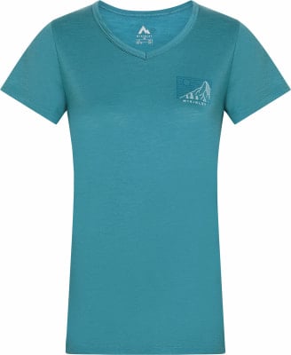 Damen-T-Shirt in Blau mit kurzem Ärmel und Bergmotiv. Damen-T-Shirt in Blau mit kurzem Ärmel und Bergmotiv.
