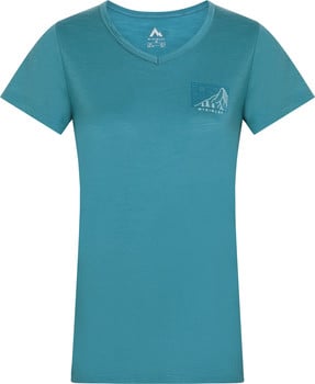 Damen-T-Shirt in Blau mit kurzem Ärmel und Bergmotiv.