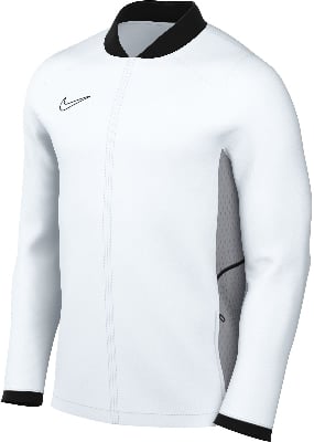 Weiße Herrenjacke von Nike mit schwarzem Kragen und Logo. Weiße Herrenjacke von Nike mit schwarzem Kragen und Logo.