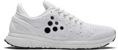 Weiße Laufschuhe mit schwarzen Kreisdetails und weißen Schnürsenkeln. Weiße Laufschuhe mit schwarzen Kreisdetails und weißen Schnürsenkeln.