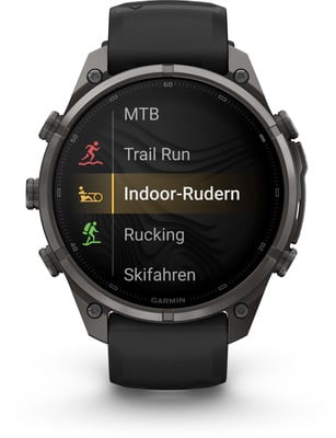 Smarte Garmin-Uhr mit Sportaktivitäten-Menü, einschließlich Indoor-Rudern. Smarte Garmin-Uhr mit Sportaktivitäten-Menü, einschließlich Indoor-Rudern.