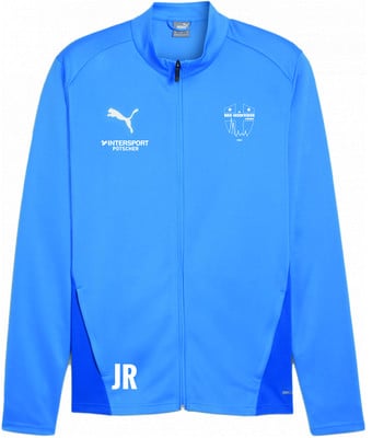 Blaue Jacke mit Puma-Logo, Schriftzug und Initialen auf der Vorderseite.