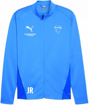 Blaue Jacke mit Puma-Logo, Schriftzug und Initialen auf der Vorderseite.