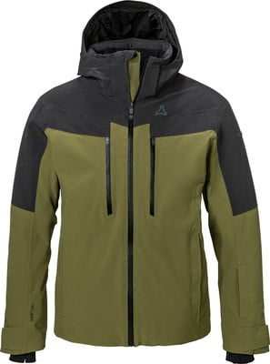 Grüne Herrenjacke mit schwarzen Elementen und Kapuze, mit Logo auf der Brust.