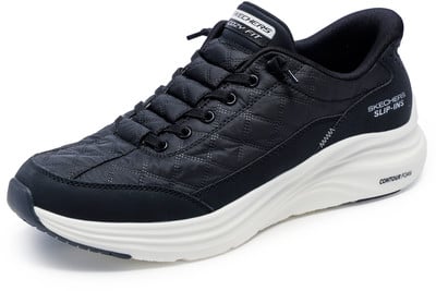 Schwarzer gesteppter Skechers Slip-ins Sneaker mit weißer Contour Foam Sohle. Schwarzer gesteppter Skechers Slip-ins Sneaker mit weißer Contour Foam Sohle.