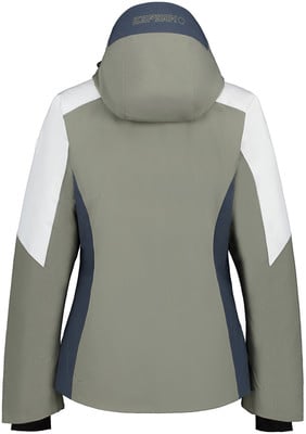 Rückansicht einer Damen-Skijacke von Icepeak in Khaki mit weißen und dunkelblauen Einsätzen. Rückansicht einer Damen-Skijacke von Icepeak in Khaki mit weißen und dunkelblauen Einsätzen.