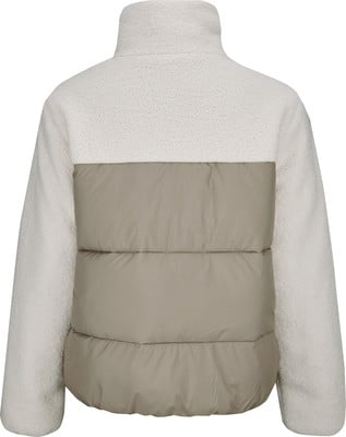 Beige Jacke mit hohem Kragen, die Sherpa-Fleece und gesteppten Stoff kombiniert. Beige Jacke mit hohem Kragen, die Sherpa-Fleece und gesteppten Stoff kombiniert.