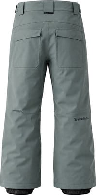 Rückansicht einer grauen Skihose mit Taschen und Logo. Rückansicht einer grauen Skihose mit Taschen und Logo.