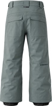 Rückansicht einer grauen Skihose mit Taschen und Logo.