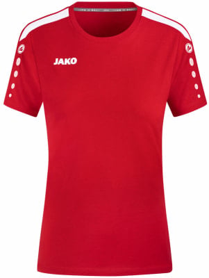 Rotes JAKO T-Shirt mit weißen Streifen an Schultern und Ärmeln. Rotes JAKO T-Shirt mit weißen Streifen an Schultern und Ärmeln.