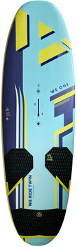 Blau-gelbes Wassersportboard mit grafischem Design und rutschfesten Flächen.
