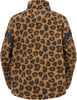 Rückansicht einer braunen Fleecejacke mit Leopardenmuster.