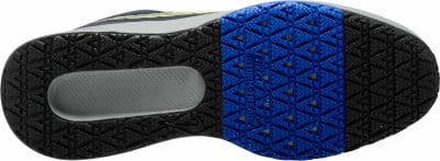 Schuhsohle mit schwarzem und blauem Muster und grauem Streifen. Schuhsohle mit schwarzem und blauem Muster und grauem Streifen.