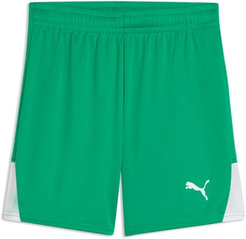 Grüne Puma Shorts mit weißem Logo und seitlichen Mesh-Einsätzen.