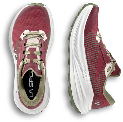 Damen-Laufschuhe von La Sportiva in Dunkelrot mit Khaki-Akzenten.