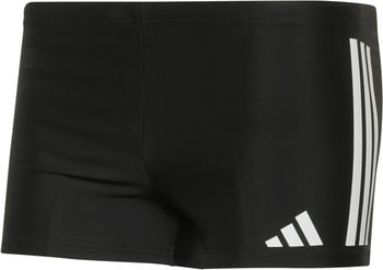 Černé plavky Adidas s bílými pruhy a logem.