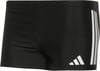 Černé plavky Adidas s bílými pruhy a logem.