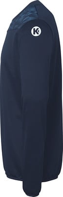 Dunkelblaue Jacke mit K-Logo auf der Schulter und geometrischem Muster. Dunkelblaue Jacke mit K-Logo auf der Schulter und geometrischem Muster.