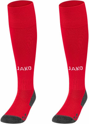 Zwei rote JAKO Fußballsocken mit dunkelgrauem Fersen- und Zehenbereich. Zwei rote JAKO Fußballsocken mit dunkelgrauem Fersen- und Zehenbereich.