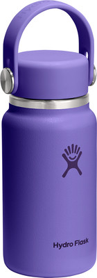 Eine lila Hydro Flask Flasche mit Griff und Logo auf weißem Hintergrund. Eine lila Hydro Flask Flasche mit Griff und Logo auf weißem Hintergrund.