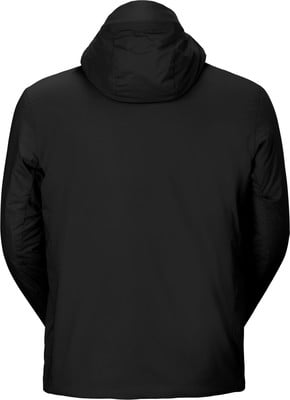 Rückansicht einer schwarzen Kapuzenjacke, geeignet für verschiedene Outdoor-Aktivitäten. Rückansicht einer schwarzen Kapuzenjacke, geeignet für verschiedene Outdoor-Aktivitäten.