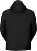 Rückansicht einer schwarzen Kapuzenjacke, geeignet für verschiedene Outdoor-Aktivitäten.