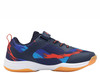 Kinder dunkelblaue Tennisschuhe mit roten und blauen Mustern und Klettverschluss.