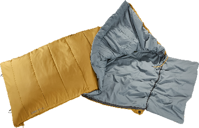 Ein ausgebreiteter gelber Schlafsack mit grauem Innenfutter und Reißverschluss. Ein ausgebreiteter gelber Schlafsack mit grauem Innenfutter und Reißverschluss.