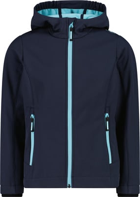Marineblaue Softshelljacke mit türkisfarbenem Reißverschluss und Futter.