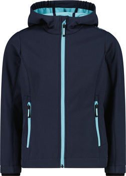 Marineblaue Softshelljacke mit türkisfarbenem Reißverschluss und Futter.