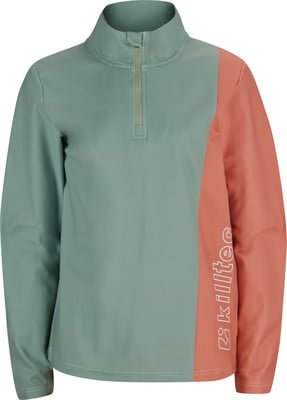 Damen-Pullover in Mintgrün und Koralle mit halbem Reißverschluss und langen Ärmeln. Damen-Pullover in Mintgrün und Koralle mit halbem Reißverschluss und langen Ärmeln.