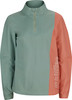 Damen-Pullover in Mintgrün und Koralle mit halbem Reißverschluss und langen Ärmeln.
