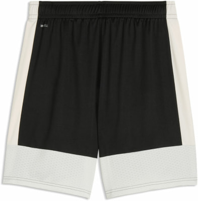 Schwarze Shorts mit weißen Seitenstreifen und perforiertem Saum.