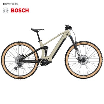 Vorder- und Hinterrad eines E-Bikes mit beigem Rahmen und Bosch-Logo.