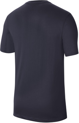 Rückansicht eines dunkelblauen T-Shirts mit kurzen Ärmeln.