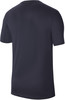 Rückansicht eines dunkelblauen T-Shirts mit kurzen Ärmeln.