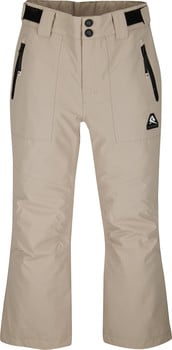 Beige Skihose mit schwarzen Reißverschlüssen und Logo am rechten Bein.