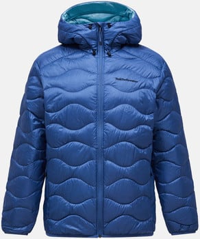 Blaue Daunenjacke mit Kapuze und wellenförmiger Steppung.