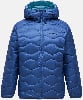 Blaue Daunenjacke mit Kapuze und wellenförmiger Steppung.