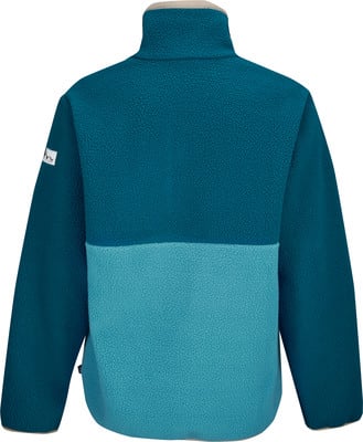 Türkisblaue Fleecejacke mit beigem Kragen und Farbblock. Türkisblaue Fleecejacke mit beigem Kragen und Farbblock.
