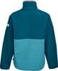 Türkisblaue Fleecejacke mit beigem Kragen und Farbblock.
