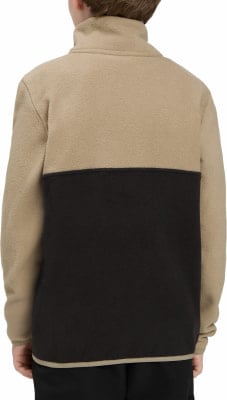 Rückansicht einer Kinder-Fleecejacke in Beige und Schwarz.