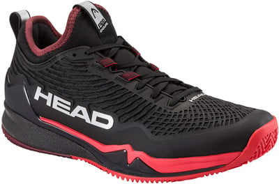 Schwarze HEAD Tennisschuhe mit roten Akzenten und HEAD-Schriftzug.