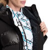 Detail einer Damen-Daunenjacke mit Print und Reißverschluss an der Innenseite.