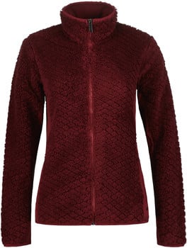 Damen-Weinrot-Fleecejacke mit Stehkragen und Reißverschluss.