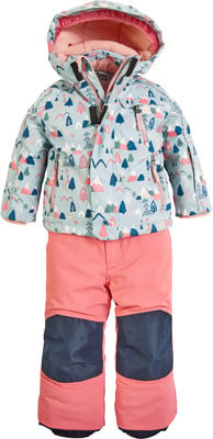 Kinder-Winterjacke und Hose mit Berg- und Baumdruck, rosa und blauen Details. Kinder-Winterjacke und Hose mit Berg- und Baumdruck, rosa und blauen Details.