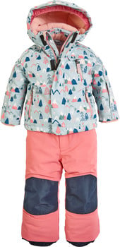 Kinder-Winterjacke und Hose mit Berg- und Baumdruck, rosa und blauen Details.