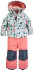Kinder-Winterjacke und Hose mit Berg- und Baumdruck, rosa und blauen Details.